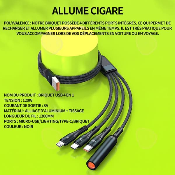 C Cigarettändare 120w 8A USB cigarettändare för bil mobiltelefon blixt laddare 4in1 Cigarettändare datakabel