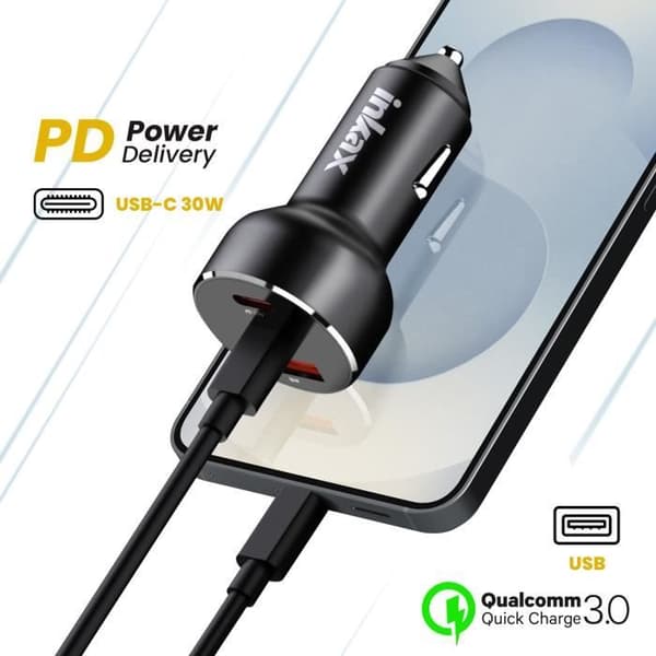 Laddare Cigarette 78W Dubbel USB-C + Snabbladdning USB Kompakt Inkax Svart