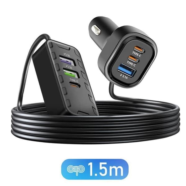 Laddare Bil 22.5W 3 USB-C + 3 USB Förlängningssladd 1.5m Svart