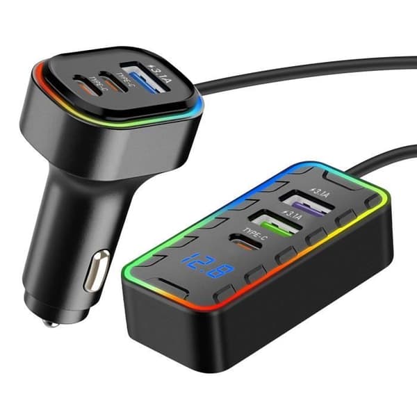 Laddare Bil 22.5W 3 USB-C + 3 USB Förlängningssladd 1.5m Svart