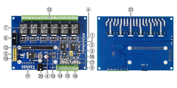 Industriell 6-kanalig RS485/CAN-relämodul för Raspberry Pi Zero