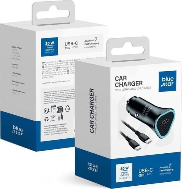 Blå stjärna bil laddare 3A 20W Typ C + Typ C till Typ C PD QC3.0 AFC svart