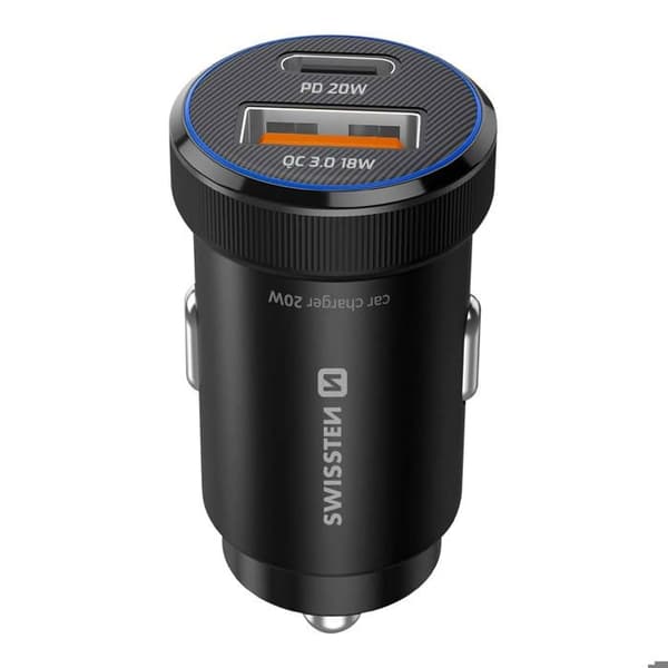 Bil Laddare - SWISSTEN - Snabbladdning 20W - USB-C Power Delivery - USB-A Snabbladdning - Svart