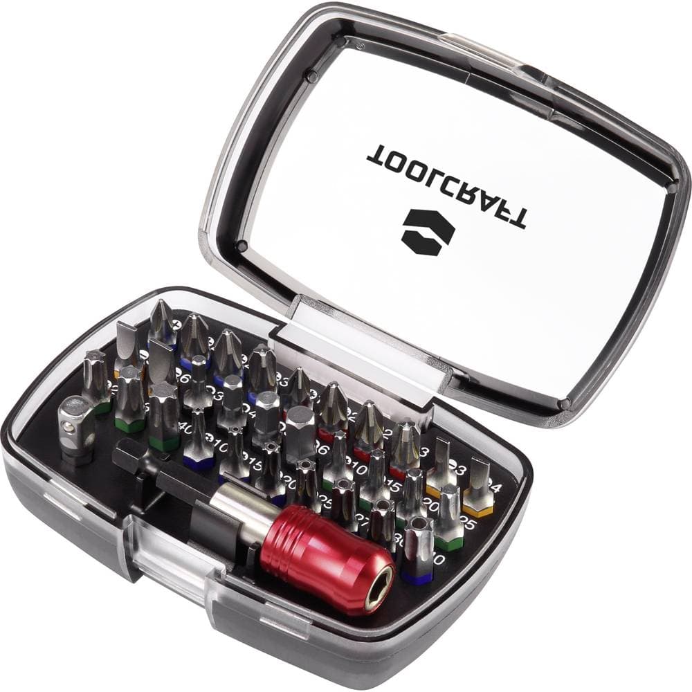 TOOLCRAFT 1613599 Bit-Set 32 delar Spår, Stjärnspår Phillips, Stjärnspår Pozidriv, Inner-sexkantig, T-Profil med lock,