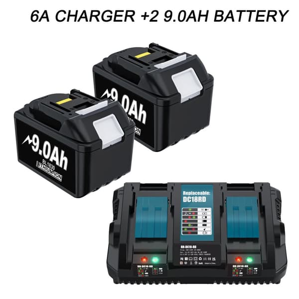 Makita 18V batteri, 9000mAh kapacitet, kompatibel med BL1850B, BL1840B, BL1860, 2 BATTERI 6A LADDARE