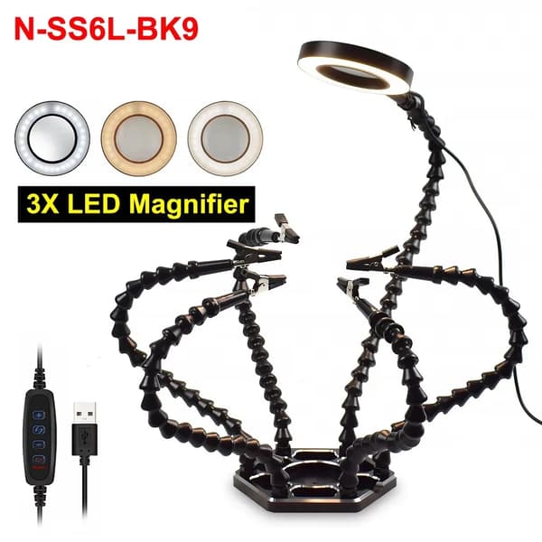 Svejse Reparation Arbejdsbord, 3X LED Forstørrelsesglas, 6 Fleksible Arme,N-SS6L-BK9, 55 mm, 3X