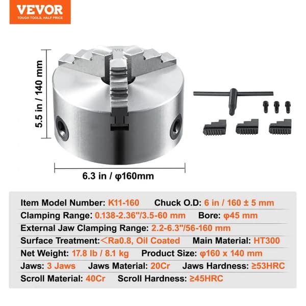 VEVOR 3-jaw chuck för svarv, 6 tum i diameter, hög precision,160 mm