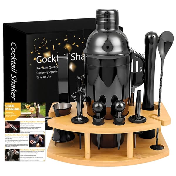 Cocktail Shaker Sæt, 12-delt Samling, Premium Rustfrit Stål,sort