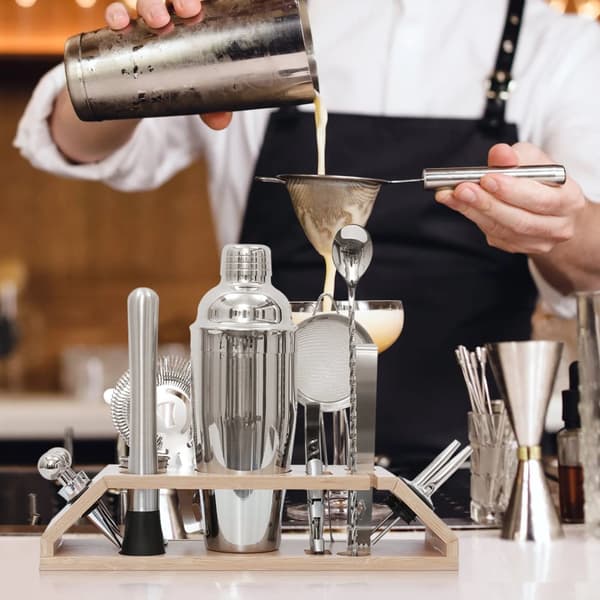 Cocktail Shaker Sæt, 13-delt Samling, Rustfrit Stål Tilbehør, Bambus Stativ