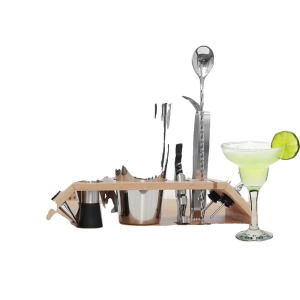 Cocktail Shaker Sæt, 13-delt Samling, Rustfrit Stål Tilbehør, Bambus Stativ