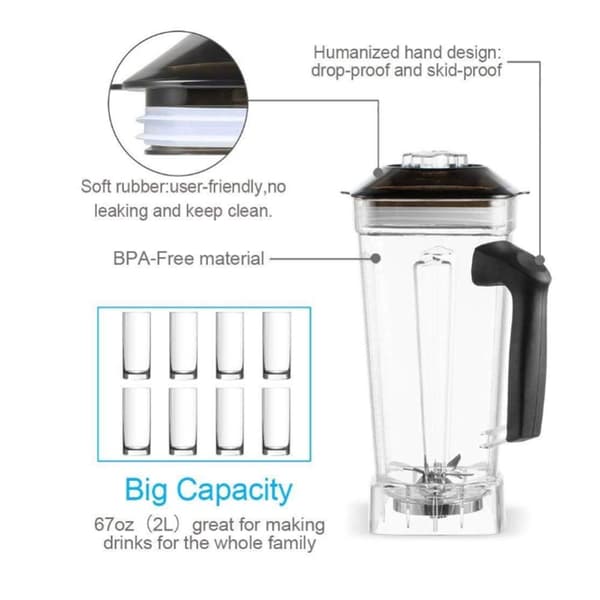 2L Firkantet Blenderbeholder, Holdbart BPA-frit materiale, Kompatibel med T5200 og G5200, Inkluderer gummilåg