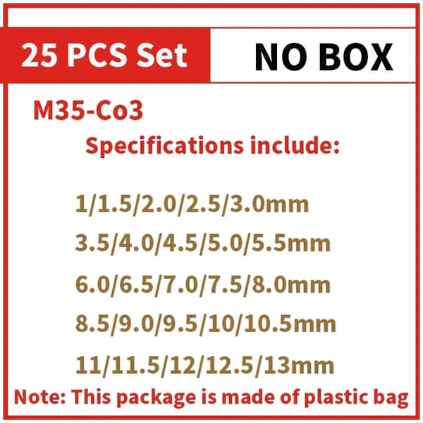 Kobolt Twist Bor, 25 PCS Sæt, HSS-Co 3% M35 Kobolt, Metalboring,25stk plastik