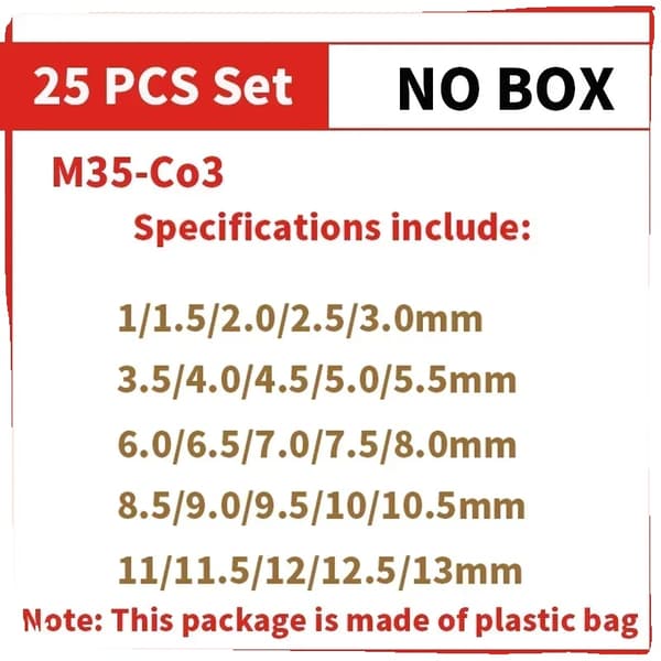 Kobolt Twist Bor, 25 PCS Sæt, HSS-Co 3% M35 Kobolt, Metalboring,25stk plastik