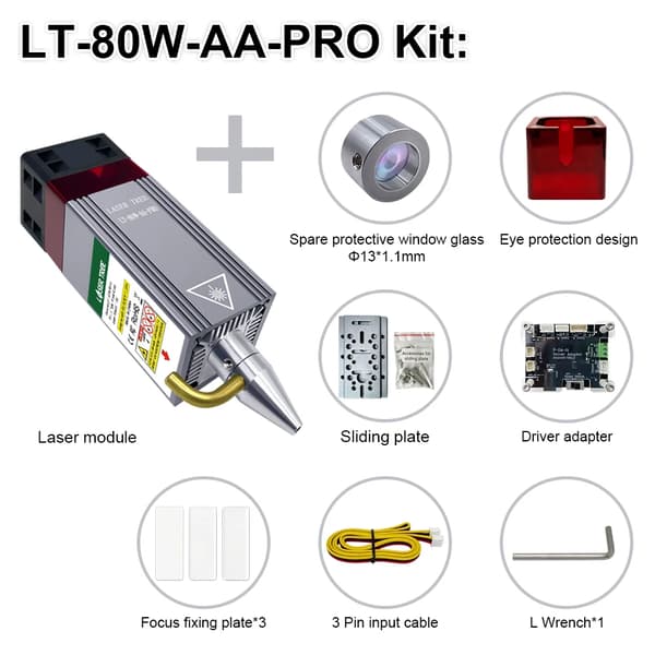 Lasergravering Modul, 80W Effektstyrke, Avanceret Luftassisteret Dyse,LT-80W-AA-PRO-KIT, 12VLT-80W-AA-PRO-KIT, 12V
