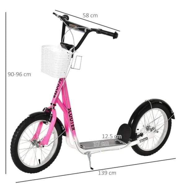 Rootz Scooter - Barnskoter - Barnskoter - Höjdjusterbar - Uppblåsbar hjulbroms - Korg - Mugghållare - Stänkskydd - Rosa/Vit - 139 cm x 58 cm x 96 cm
