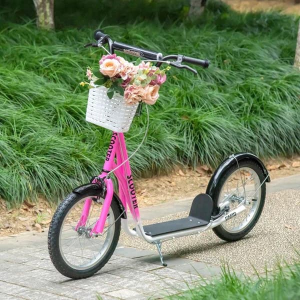 Rootz Scooter - Barnskoter - Barnskoter - Höjdjusterbar - Uppblåsbar hjulbroms - Korg - Mugghållare - Stänkskydd - Rosa/Vit - 139 cm x 58 cm x 96 cm