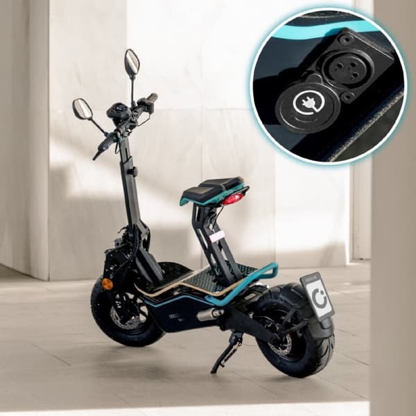 Cecotec Electric moped with a rated power of 1000 W and a maximum power of 1600 W. Full suspension, 45 km range, and removable lithium battery.