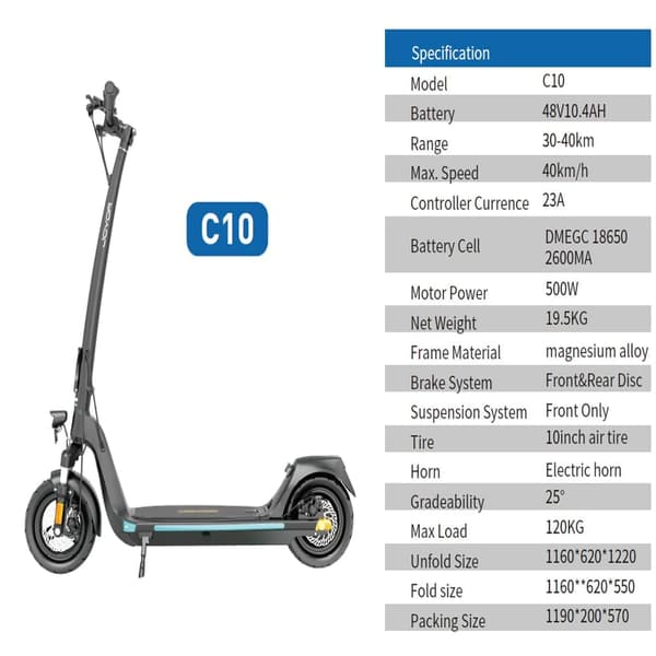 JOYOR C10 voksen el-scooter, 500W motor, 10,4AH batteri, 10 tommer luftdæk, Max.hastighed: 40km/t.