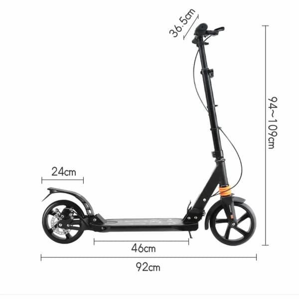 Sammenklappelig scooter med justerbar højde, robust aluminiums konstruktion, støddæmpende PU-hjul,sort
