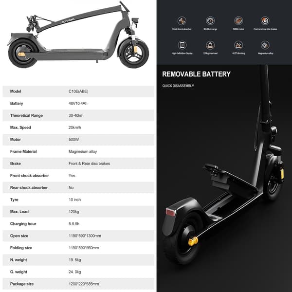 JOYOR C10E elscooter, 500W motor, 10,4AH batteri, 20km/h, 10" däck, ram i magnesiumlegering.