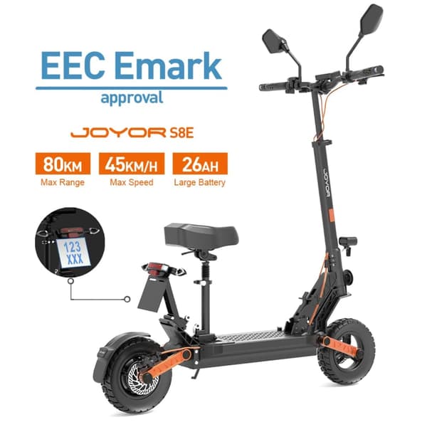 Joyor S8E Vuxen terrängskoter med NFC-säte, 800W motor, 26AH batteri, 10'' däck, hopfällbar.