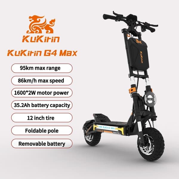 KuKirin G4 Max 12-tommer ultrabred elektrisk scooter med pneumatisk dæk til terrængående cykler, 1600w*2 dobbeltdrevsmotor, 60V35.2Ah