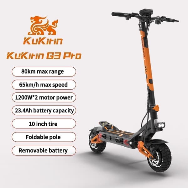 KuKirin G3 Pro elektrisk scooter, 1200w*2 dobbeltdrevsmotor, dobbelte opladningsporte, maks. hastighed 65 km/t, oliebremser foran og