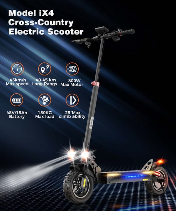 iScooter iX4 10-tums terräng elektrisk skoter, 800W motor, 48V15Ah batteri, maxhastighet 45km/h, räckvidd 45km,Med appkontroll