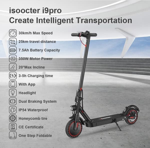 iScooter i9 Pro sähköskootteri, 30 km kantama &30 km/h, 8,5" kiinteät kennopyörät, 350 W moottori, kaksoisjarrut, taitettava sähköskootteri