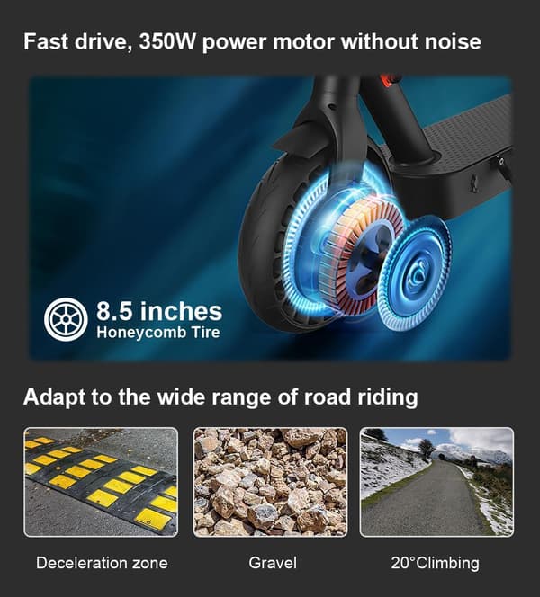 iScooter i9 Pro sähköskootteri, 30 km kantama &30 km/h, 8,5" kiinteät kennopyörät, 350 W moottori, kaksoisjarrut, taitettava sähköskootteri
