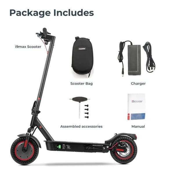 iScooter i9MAX elektrisk skoter, 500W motor, 10" massiva däck, 40 km räckvidd & 35 km/h, smart APP, framfjädring, dubbla bromsar