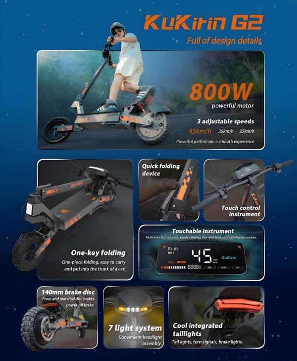 KuKirin G2 10 tum hopfällbar elektrisk skoter 800w motor,48V15Ah batteri, räckvidd upp till 55 km, maxhastighet 45 km/h