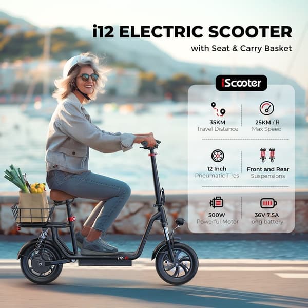iScooter i12 sähköskootteri istuimella, 500W moottori, kantama 35km, suurin nopeus 25km / h, 12 tuuman renkaat, kaksoisjousitus