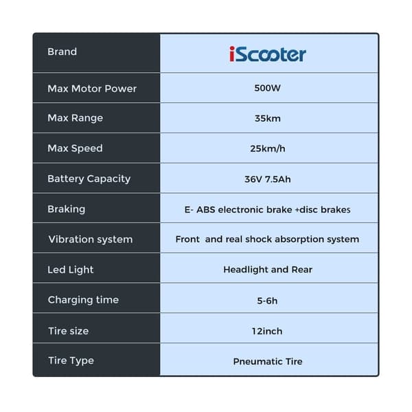 iScooter i12 sähköskootteri istuimella, 500W moottori, kantama 35km, suurin nopeus 25km / h, 12 tuuman renkaat, kaksoisjousitus