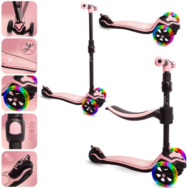 Tre-hjulig balansscooter Flash 3-i-1 LED för barn - Pulverrosa