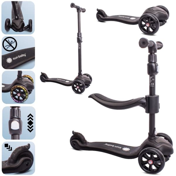 Tre-hjulig balansscooter Flash 3-i-1 LED för barn - Svart