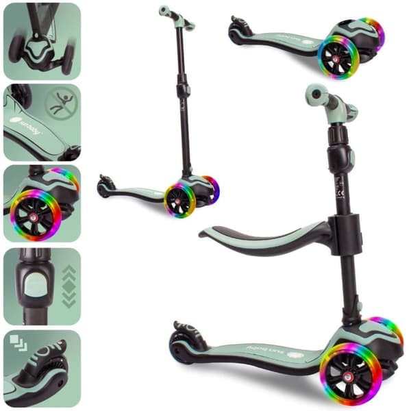 Tre-hjulig balansscooter Flash 3-i-1 LED för barn - Grön