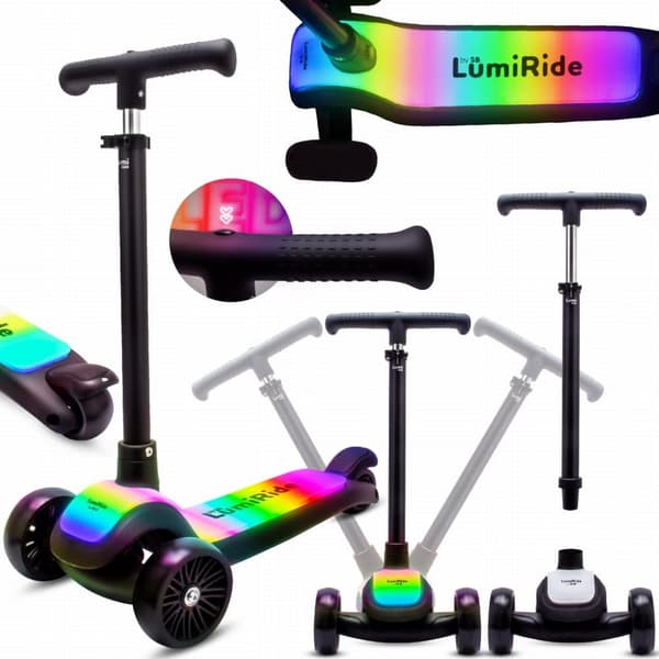 LUMI RIDE Tre-hjulig balansscooter, hopfällbar, justerbar, LED-plattform med 7 färger och 20 program - Svart Sun Baby