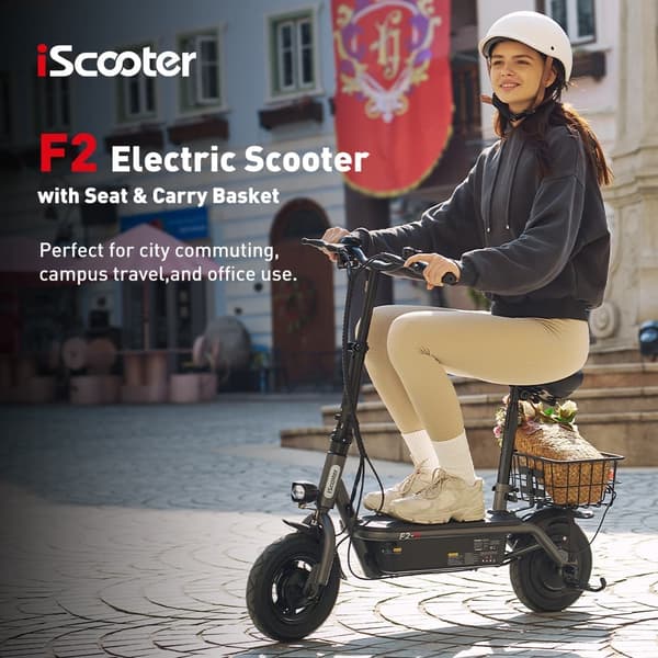 iScooter F2 elektrisk scooter 500W, maksimal hastighed 30 km / t, rækkevidde 30 km, 10 tommer dæk, dobbelte tromlebremser, med sæde og kurv