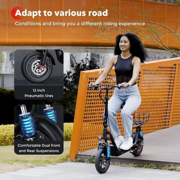 iScooter i12 Voksen elektrisk scooter 500W, med kurv og sæde, 12 tommer, dobbelt affjedring, til bypendling, sort