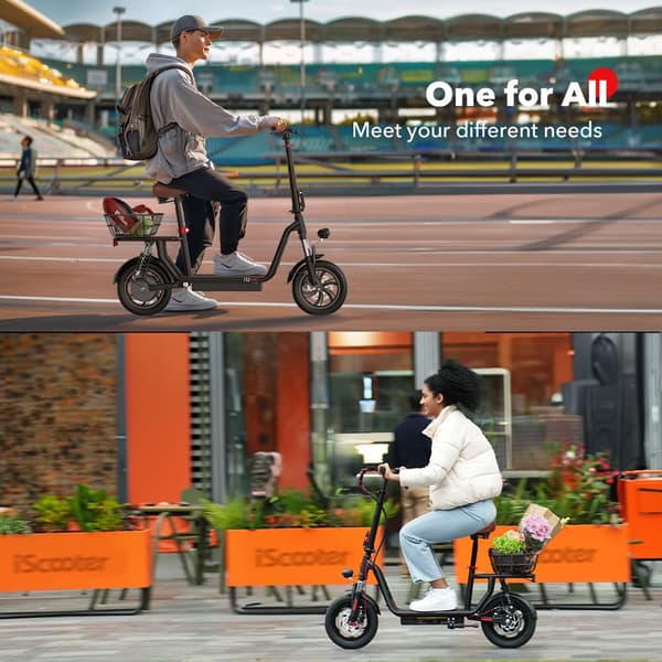 iScooter i12 Voksen elektrisk scooter 500W, med kurv og sæde, 12 tommer, dobbelt affjedring, til bypendling, sort