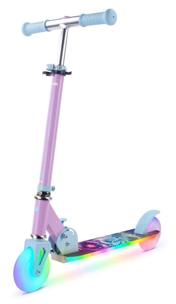 LUMI RIDE Sparkcykel Barn 2 hjul Vit, trehjuling skoter från 3 år, LED - 7 färger, 20 program - 3 nivåer av styrhöjdsjustering, fotbroms