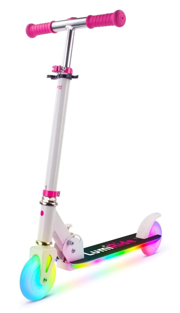 LUMI RIDE Sparkcykel Barn 2 hjul Fuchsia, trehjuling skoter från 3 år, LED - 7 färger, 20 program - 3 nivåer av styrhöjdsjustering, fotbroms