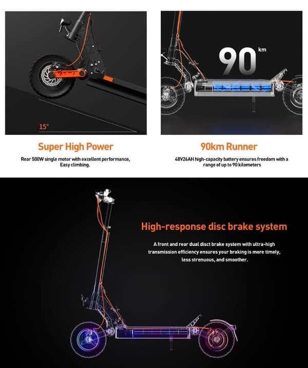 JOYOR S5Pro 10 tuuman sähköskootteri, 500 W moottori, 48 V 26 Ah akku, enintään 20 km/h, toimintasäde 70-90 km, kaksoisiskunvaimennin