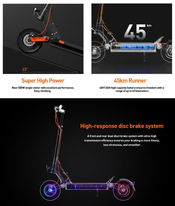 JOYOR S5 10 tommer elektrisk scooter, 500W motor, 48V 13Ah batteri, maks. 20 km/t, 45-50 km rækkevidde, dobbelt støddæmper