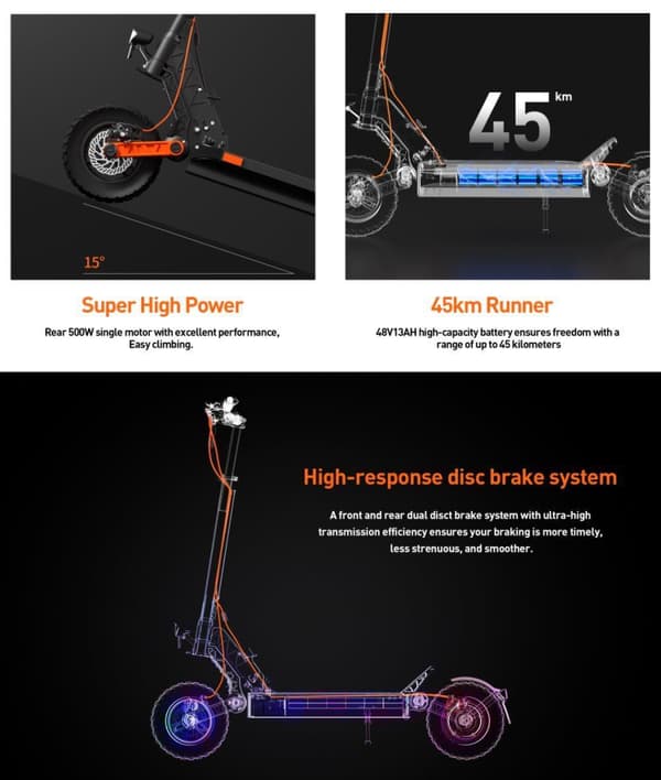 JOYOR S5 10 tommer elektrisk scooter, 500W motor, 48V 13Ah batteri, maks. 20 km/t, 45-50 km rækkevidde, dobbelt støddæmper