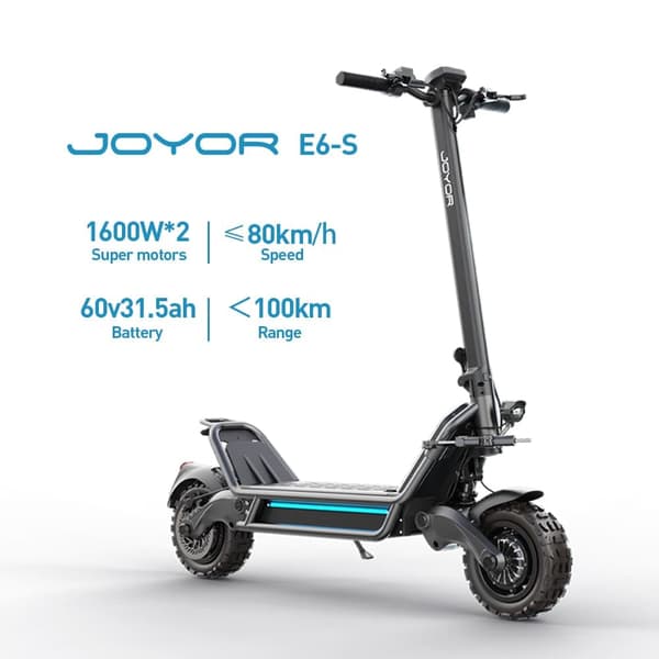 JOYOR E6-S vikbar elektrisk skoter 1600W * 2 dubbla motorer, 60V31.5Ah batteri, maximal hastighet 80km/h,11 tums däck, främre och bakre stötdämpare