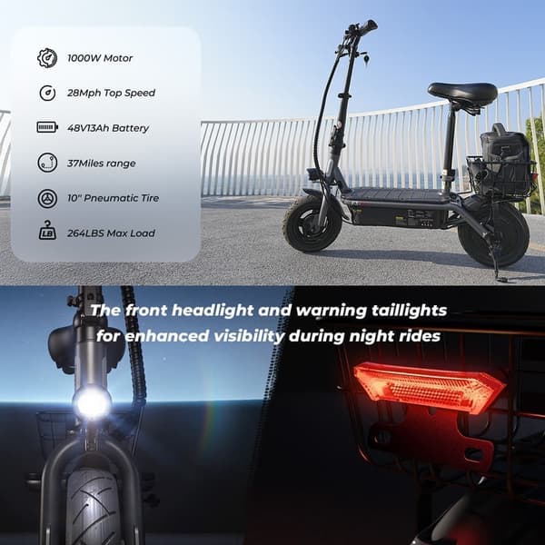 iScooter F3 10'' el-scooter, 1000W motor, 13AH batteri, 45KM/H, 55-60 km rækkevidde, med sæde