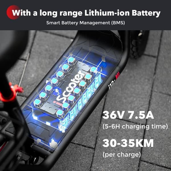 iScooter i12 12'' sähköskootteri istuimella, 500W moottori, 7,5Ah akku, 30-35km kantama, 30KM/H, iskunvaimentimet edessä ja takana