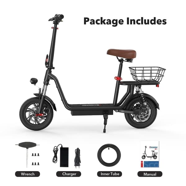 iScooter i12 12'' sähköskootteri istuimella, 500W moottori, 7,5Ah akku, 30-35km kantama, 30KM/H, iskunvaimentimet edessä ja takana